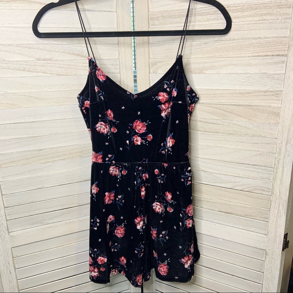 H&M Divided Floral Pink and Black Velvet Cord Strap Playsuit Romper New